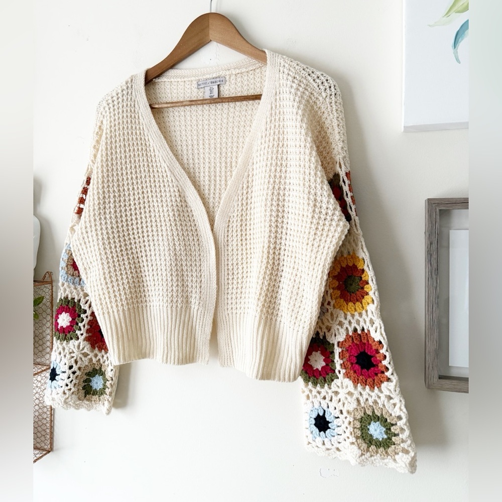Boho Crochet Granny Square Sleeve Cardigan Cream Open Knit Sweater Size Small - Picture 11 of 16